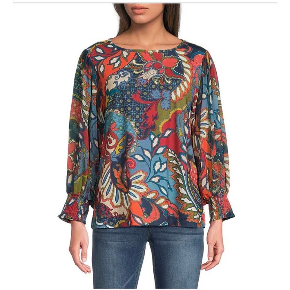 Ali Miles Womens XL Paisley Floral Tunic Blouse Vibrant Multi Casual Artwear Top